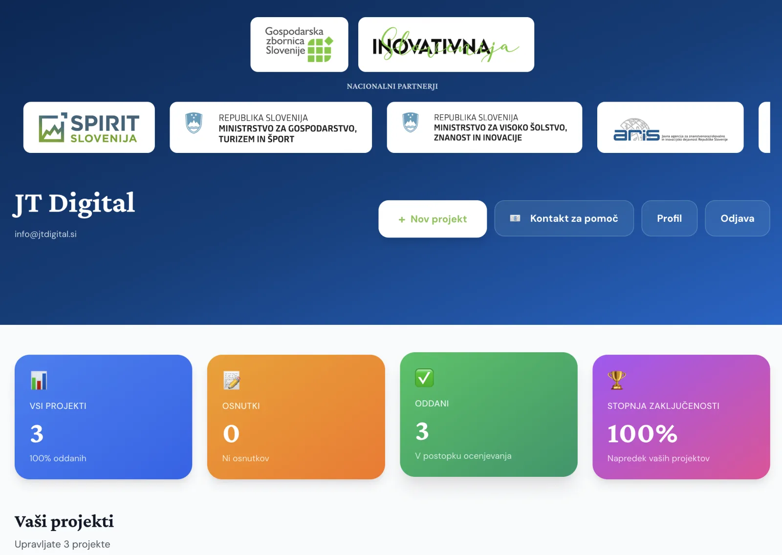 GZS Inovacije company portal with the programme's partner logos, a company's project counts and a New project button