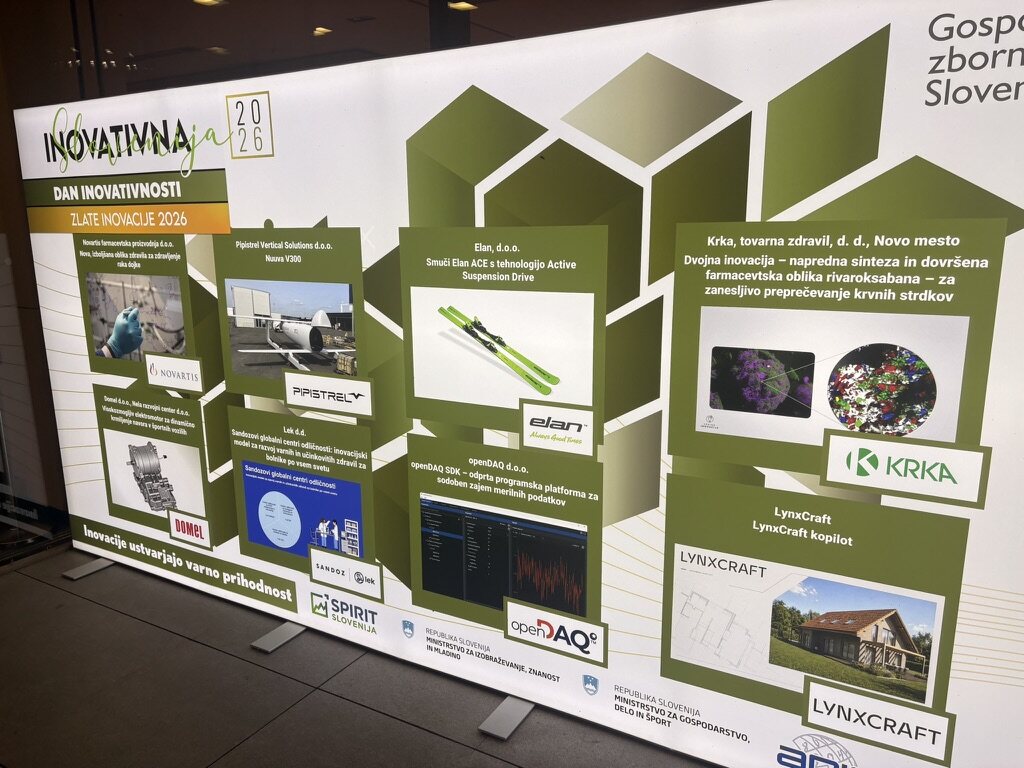 GZS's board of this year's gold innovations, with Novartis, Pipistrel, Elan, Krka, Domel, Lek, openDAQ and LynxCraft.