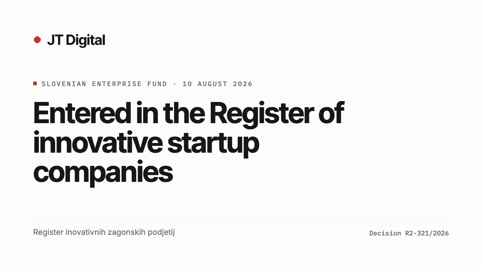JT Digital entered in the Register of innovative startup companies, decision R2-321/2026